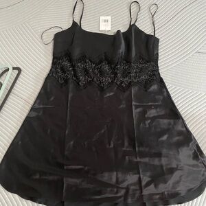 Ginia Black Satin Chemise with Lace Detail